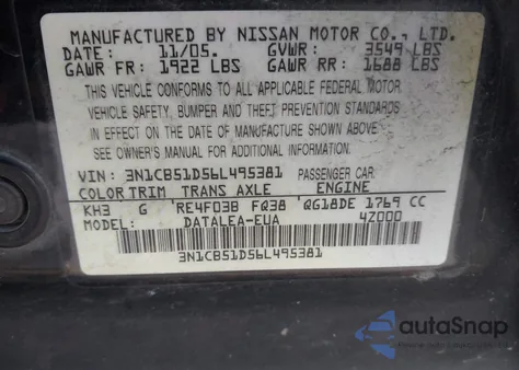 2006 Nissan Sentra 1.8S из США, поврежденный, VIN 3N1CB51D56L495381